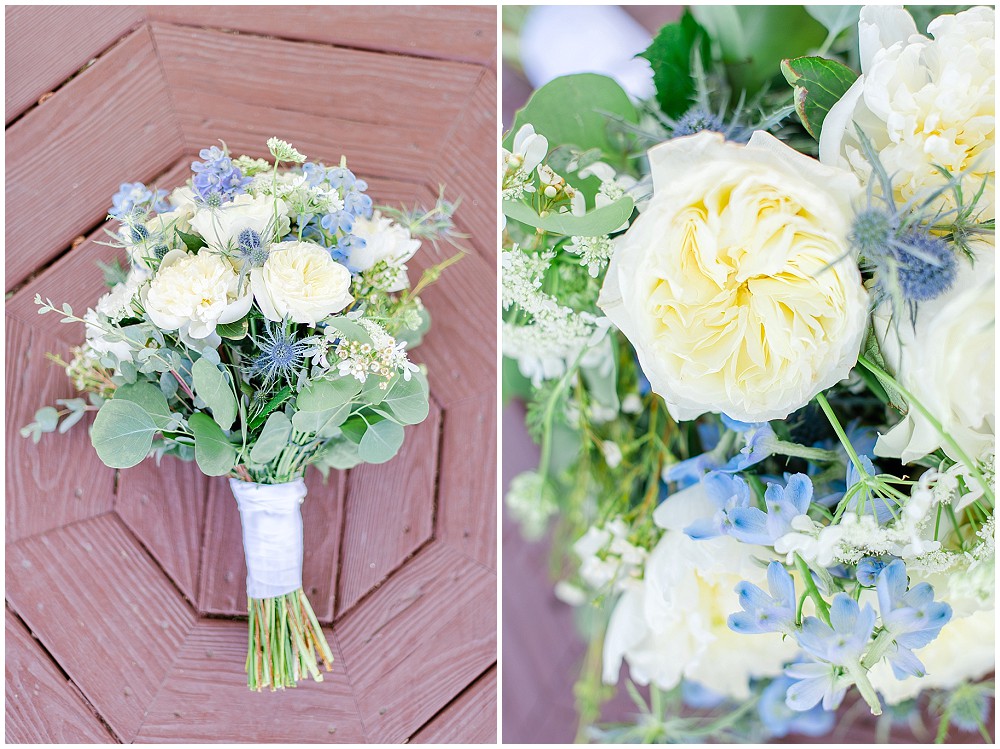 light blue white and greenery bouquet
