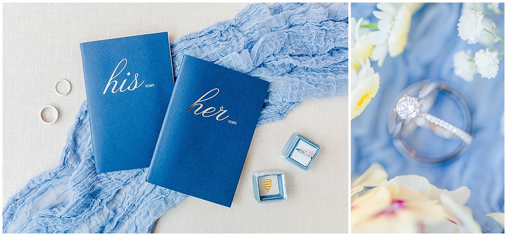 light blue pastel wedding details vow books styled flat